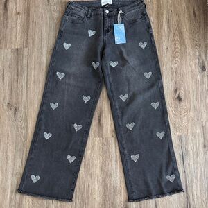 Poppy & Grace Chic Black Heart Patterned Straight Leg Jeans NWT